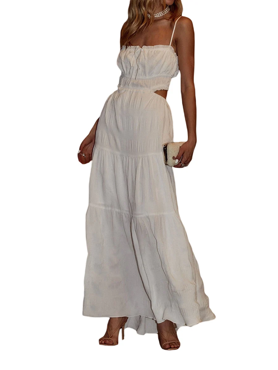 Женское богемное платье Макси на бретельках с открытой спиной и рюшами, платье-комбинация для пляжного коктейля