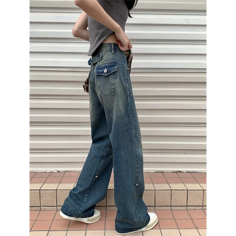 Женские прямые джинсы в американском стиле, Синие Винтажные уличные брюки с высокой талией, Шикарный дизайн, Повседневные женские джинсовые широкие брюки