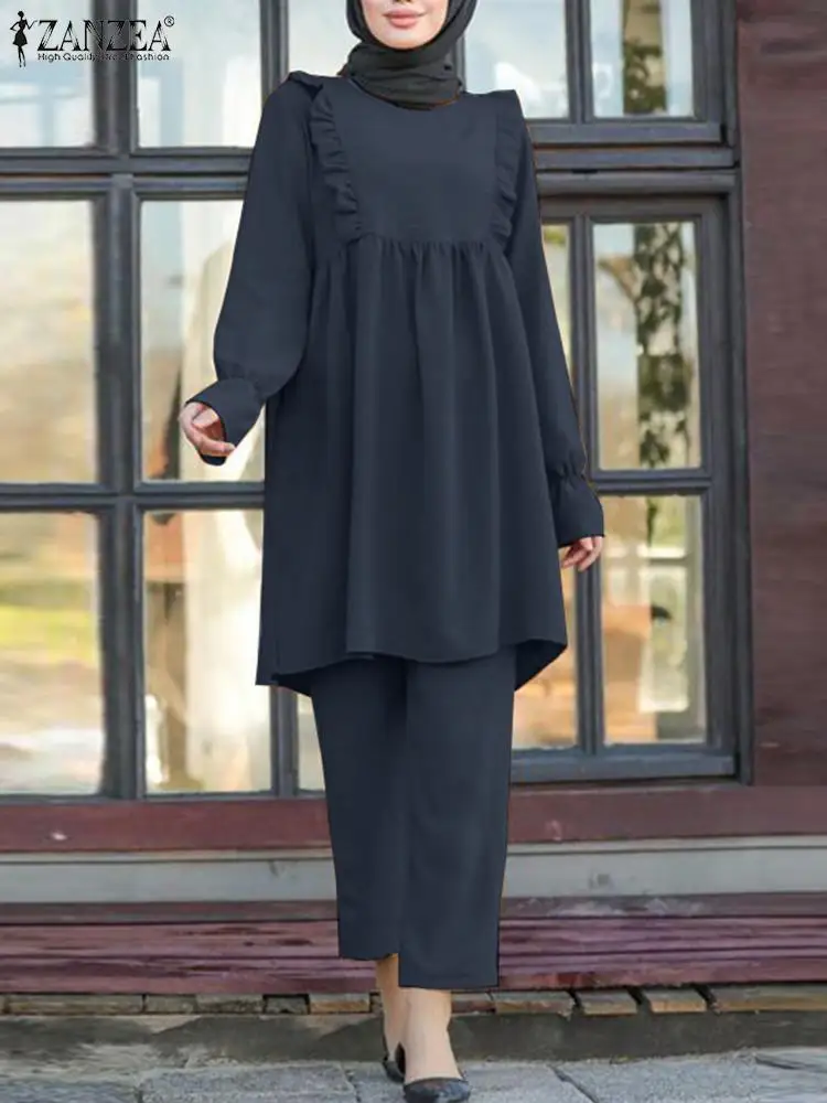 Наряды для Рамадана, Модный Блузочный костюм, Модные мусульманские комплекты ZANZEA, Женская рубашка с длинными рукавами и оборками, Повседневные брючные комплекты, турецкая Абайя
