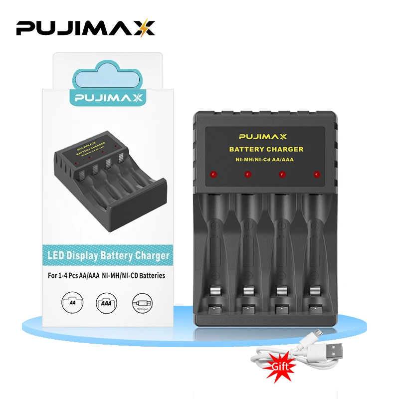 PUJIMAX 4-Слотное зарядное устройство NiMH/NiCd для 1,2 В AAA/AA Аккумуляторной батареи Android с Интерфейсом USB/Type-C Удобная Зарядка