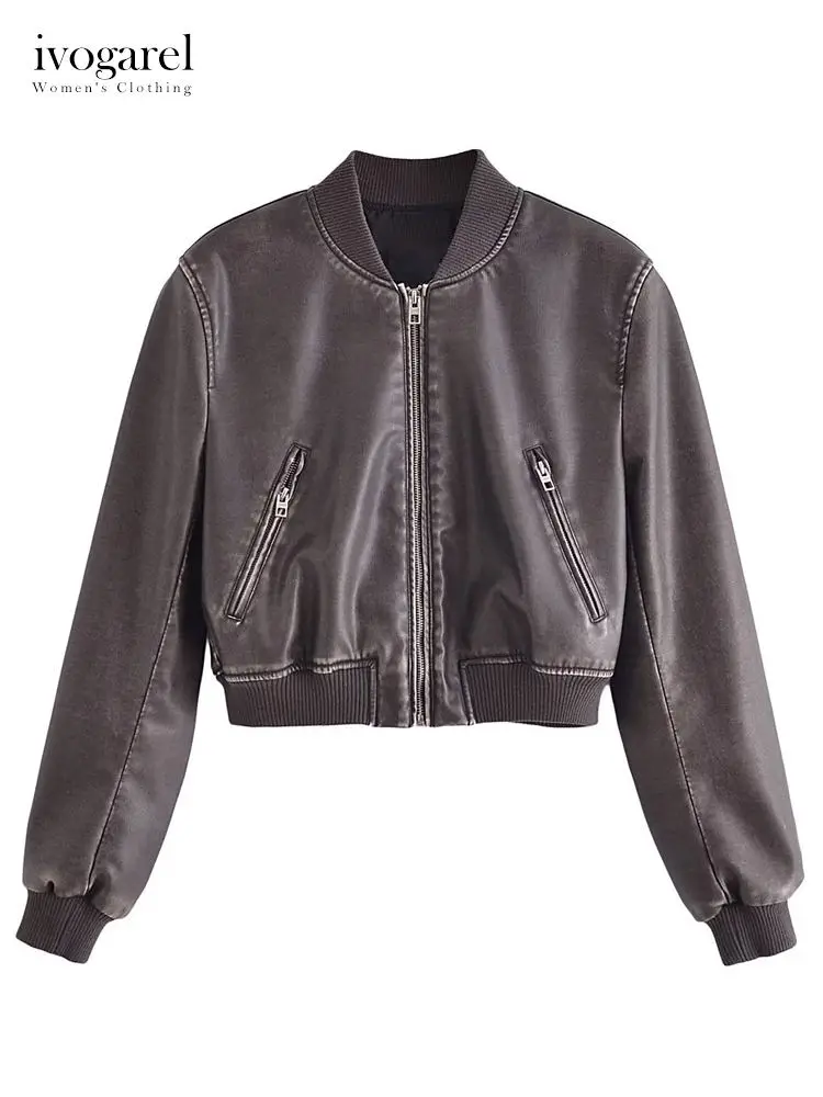Женская куртка-бомбер Ivogarel 2023 из искусственной кожи, Длинные рукава, в байкерском стиле, на молнии, Отделка в рубчик, Модная верхняя одежда