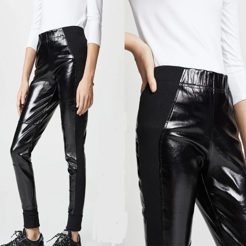 Модный Бренд, длинные блестящие брюки из лакированной кожи, осенне-весенние женские высококачественные брюки-карандаш из искусственной кожи, F838