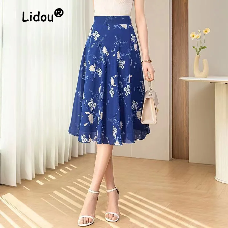 Летняя шифоновая юбка-полукомбинезон с принтом для женщин, новинка 2023, синяя юбка-полукомбинезон с фрагментированным цветком, тонкая универсальная юбка трапециевидной формы средней длины