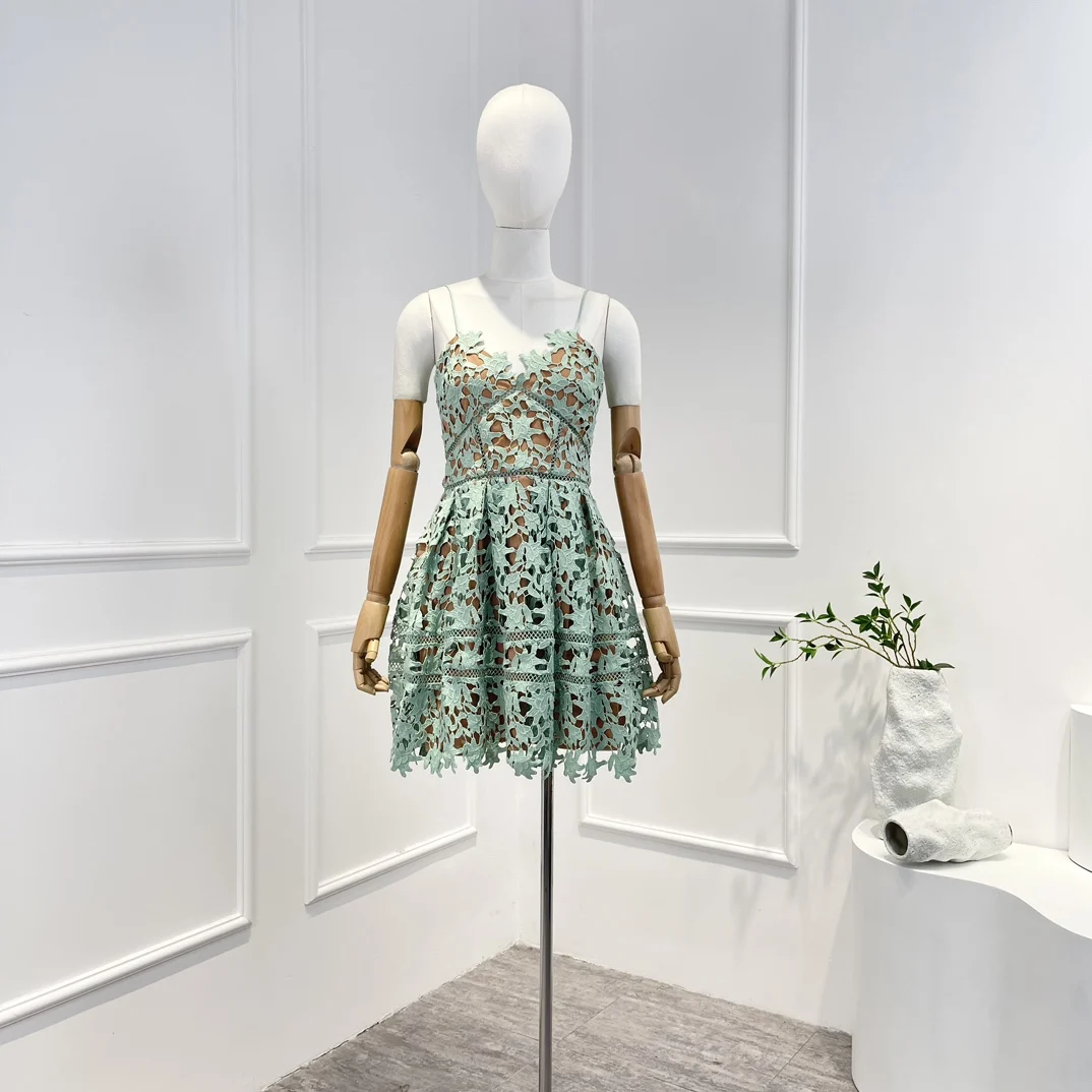 Новое оригинальное Высококачественное мятно-зеленое кружевное винтажное женское мини-платье без рукавов, летнее