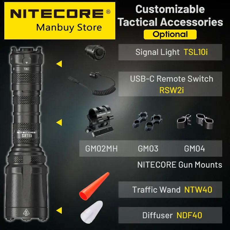 Тактический фонарь NITECORE SRT6i Smartring 2100 Люмен, Фонари для одной Руки, USB-C Перезаряжаемый Фонарь, Литий-ионный аккумулятор