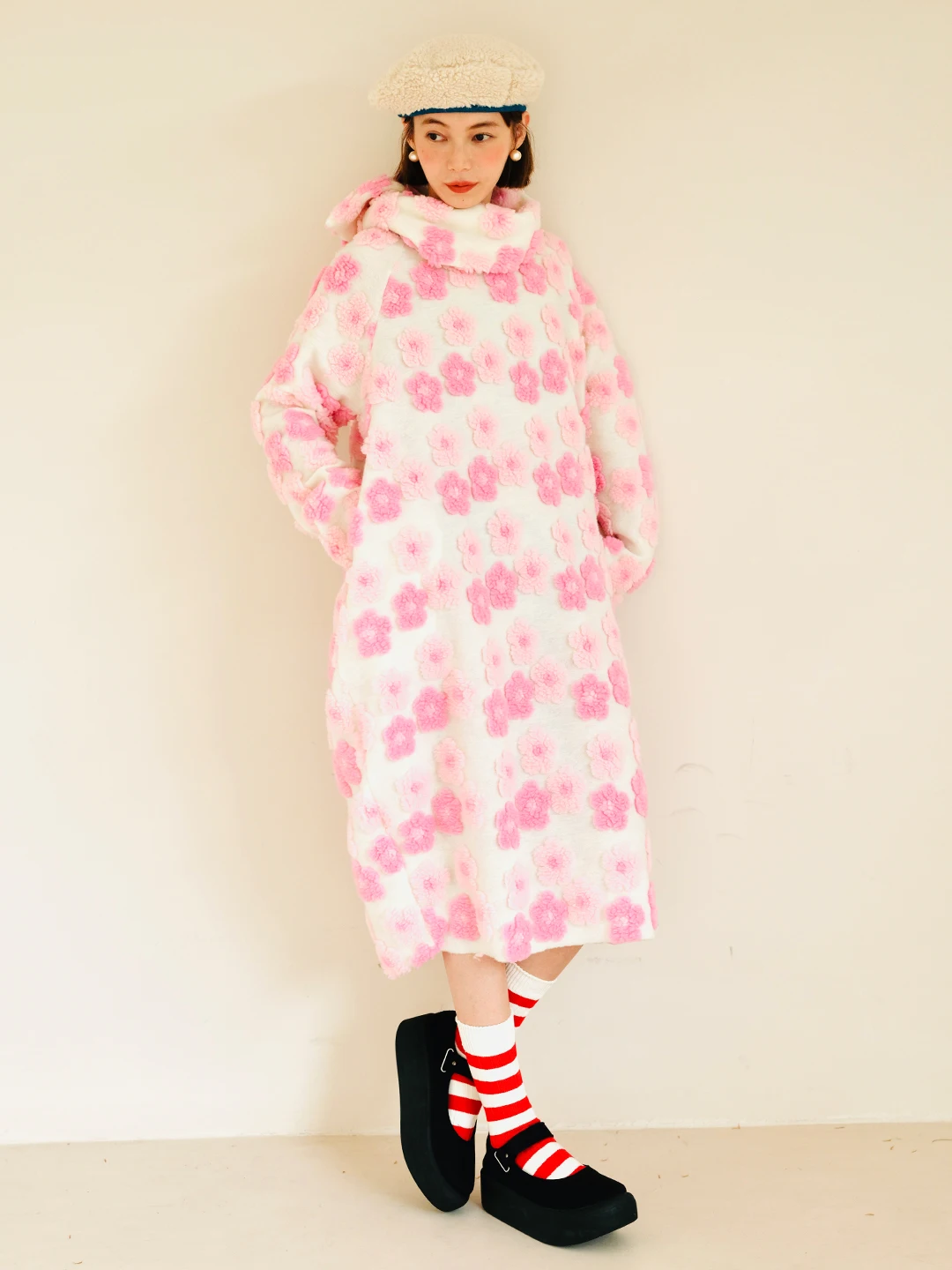 IMAKOKONI, оригинальный дизайн, милое платье с длинными рукавами из шерсти ягненка, Сакура, шарф, Свободное платье-сорочка, женское 223952