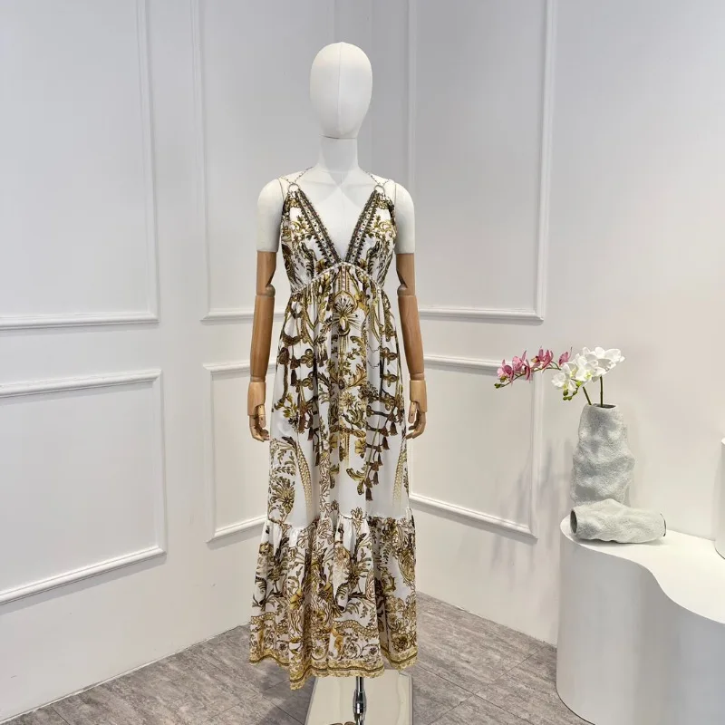 Женское винтажное гофрированное платье миди без рукавов с бриллиантами на шнуровке и цветочным принтом, новая высококачественная шелковая одежда 2023