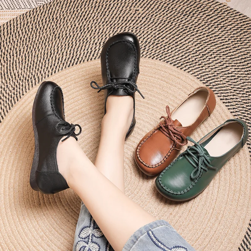 Шикарная Обувь на плоской подошве из натуральной кожи; Женские Зеленые Лоферы; Мокасины на шнуровке; Оксфорды-лодочки; Женские лоферы Для вождения на плоской подошве