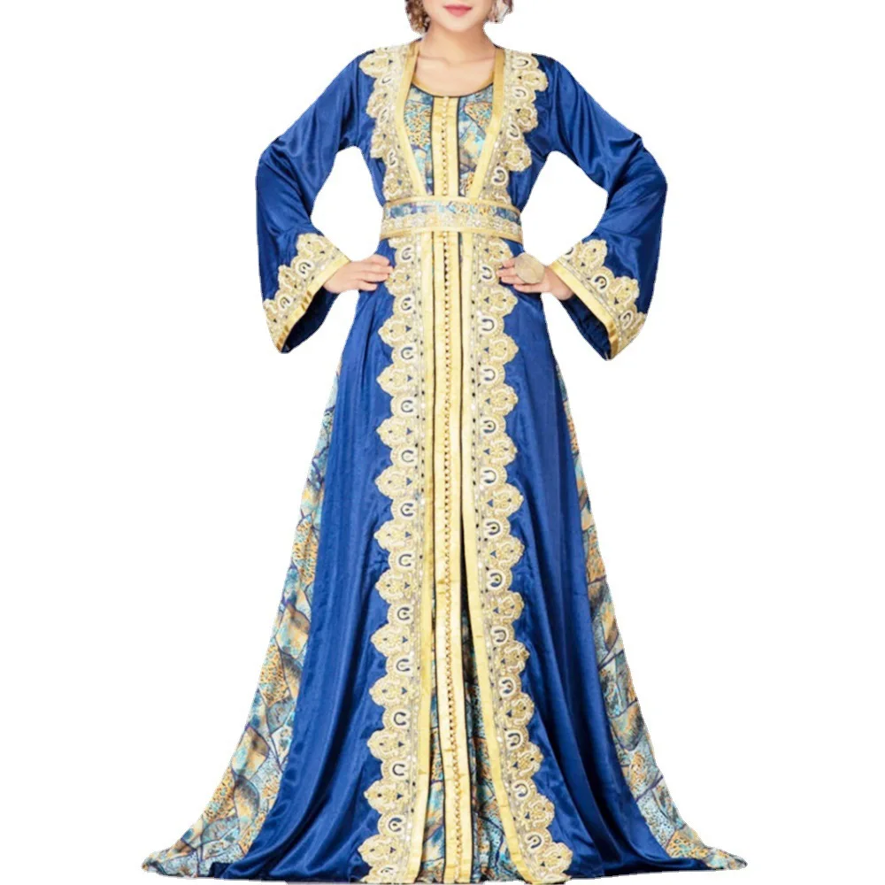 Женское длинное мусульманское платье Абайя с цветочным принтом, Макси-платье Трапециевидной формы с длинным рукавом, Осенние новые Элегантные Винтажные модные платья с круглым вырезом