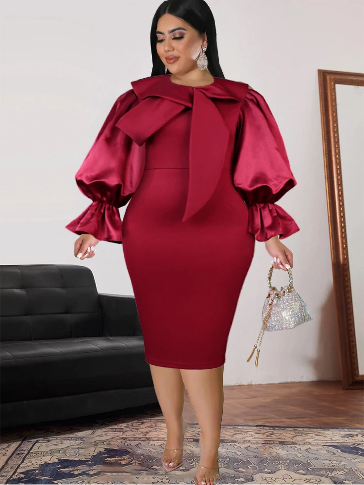 Платья Миди размера Плюс С длинным расклешенным рукавом-футляр, Красное Офисное Женское Вечернее коктейльное платье для мероприятий, наряды для вечеринок для дам 4XL