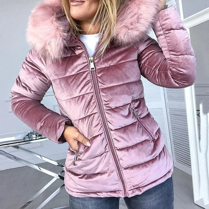Зимняя бархатная куртка, женская куртка с хлопковой подкладкой, модная толстая теплая куртка с меховым воротником и капюшоном, зимняя зимняя куртка уличная одежда
