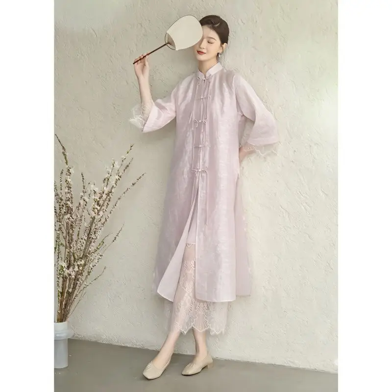 Новое китайское нежное и элегантное Улучшенное Прямое платье Ципао со стоячим вырезом и жемчугом спереди в свободном стиле