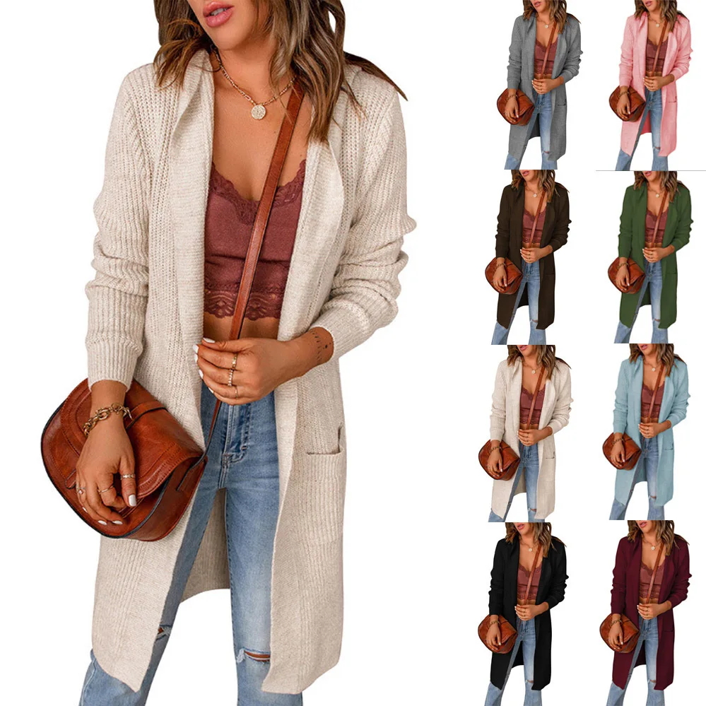модная осенне-зимняя новинка 2022 года, однотонная куртка с капюшоном, женская рубашка средней длины, свитер с длинными рукавами