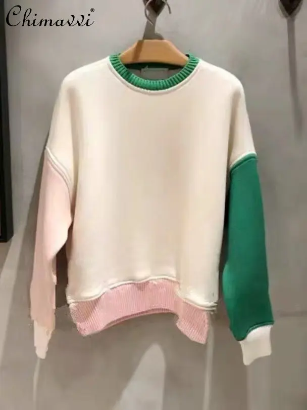 Женская осенняя новинка 2022, модная Свободная повседневная толстовка с цветными блоками, женский простой пуловер с круглым вырезом в стиле пэчворк, толстовка с капюшоном