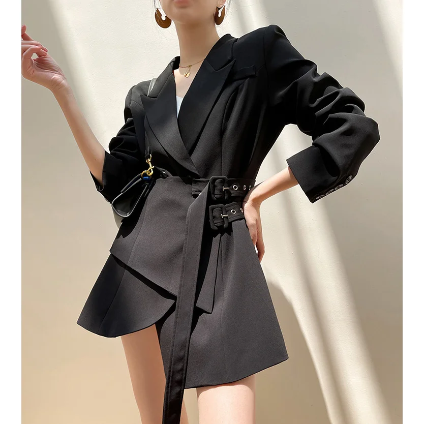 Куртки 2023, осенне-женская зимняя мода, нерегулярный двойной пояс, черный тонкий блейзер с длинным рукавом, Верхняя одежда Женская