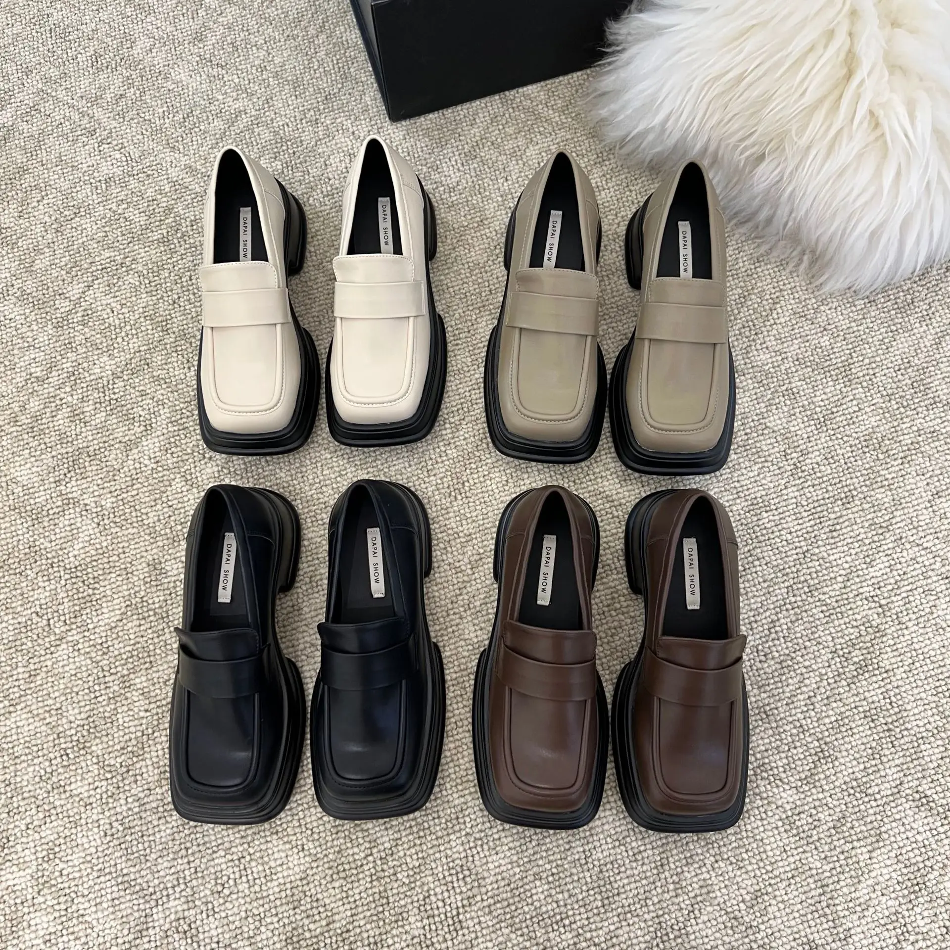 Лоферы FAFA в британском стиле в стиле ретро, женские лоферы с квадратным носком, черные маленькие кожаные туфли для пригородных поездок, Женская обувь