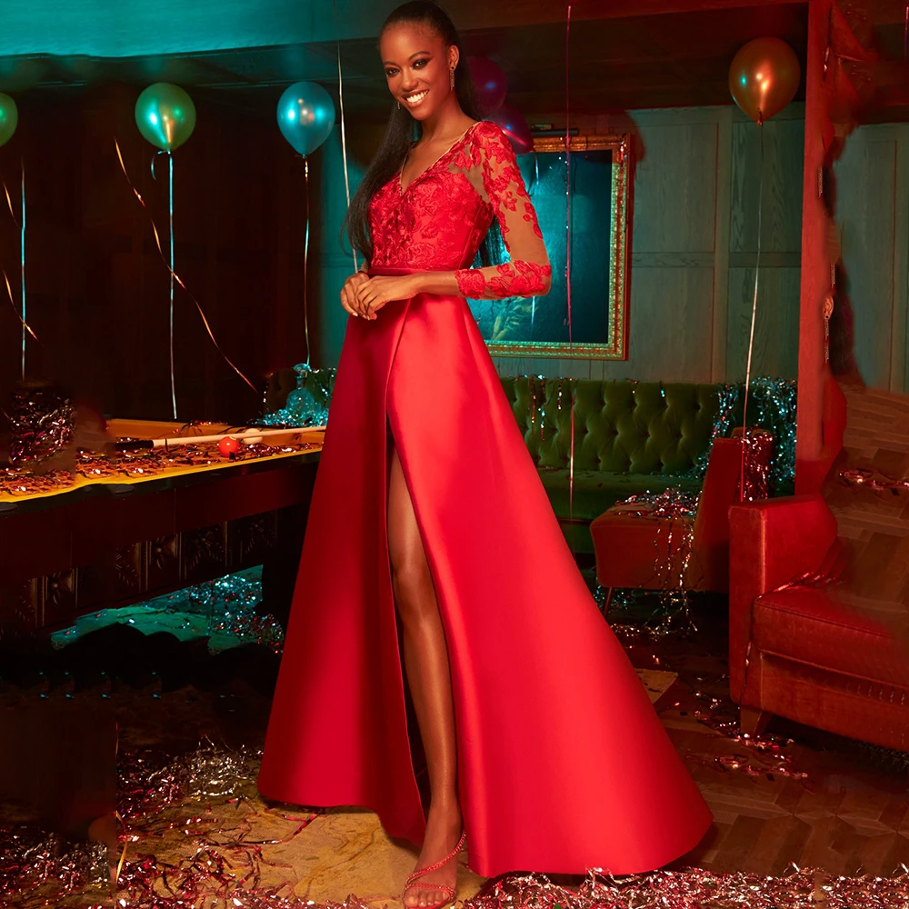 Красное вечернее платье с V-образным вырезом, аппликацией на длинном рукаве, Трапециевидной формы, длиной до пола, с поясом и карманом, Сексуальные платья для банкетов с разрезом по бокам
