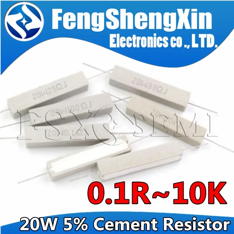 5шт 20 Вт 5% Цементный резистор 0,1 R ~ 10K 0,1R 0,5R 10R 50R 0.22 0.33 0.5 1 2 5 8 10 20 22 30 50 100 Силовое сопротивление 1K 1,5K 2K Ом