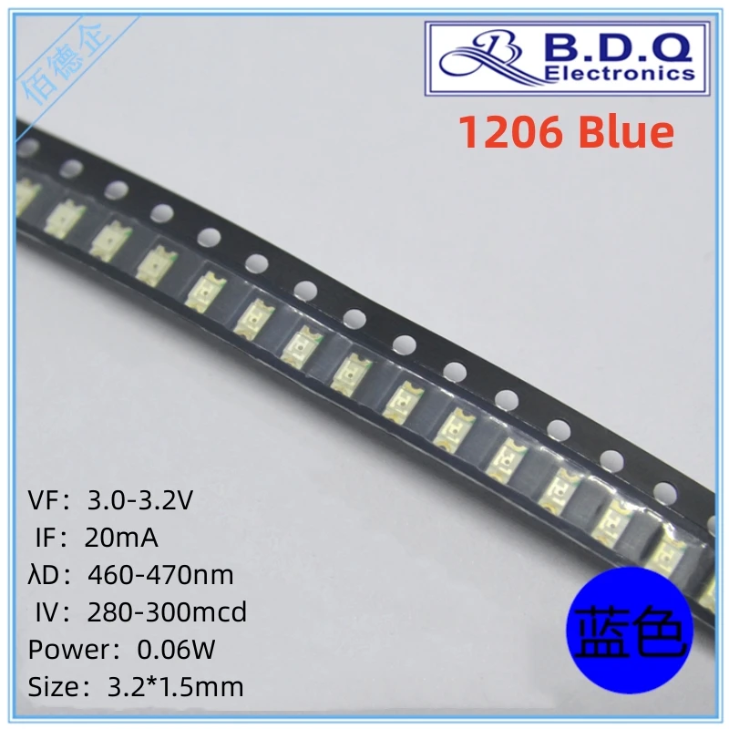 1206 Синих светодиодных шариков SMD LED Размер света 3215 светодиодов Высокого яркого качества 100 шт.