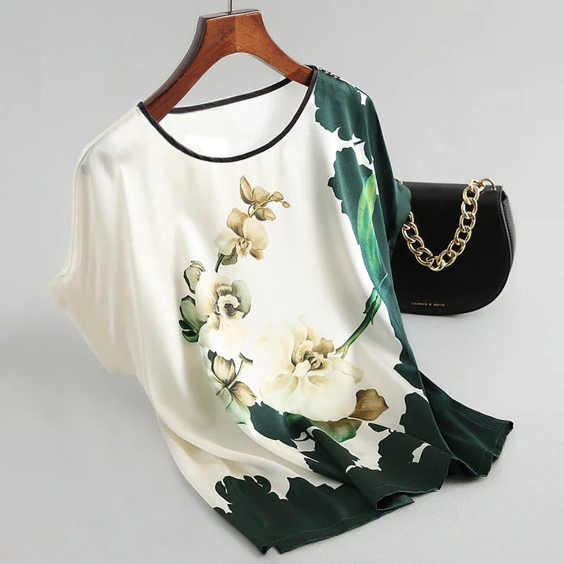 Модная блузка с цветочным принтом, Пуловер, Женские Шелковые атласные блузки, большие размеры, рукав 