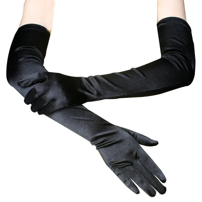 Секция длиной 54 см, Имитирующая атласные Банкетные перчатки, Перчатки для танцевального шоу, Летние солнцезащитные Однотонные сексуальные черные перчатки