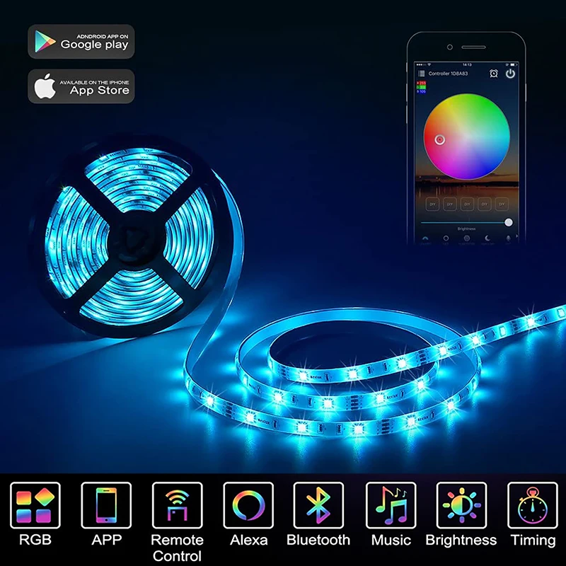 Синхронизация музыки, Многоцветная светодиодная лента со светящимися светодиодными лампами 20M SMD 5050 RGB, Липкая лента с управлением приложением Для украшения дома на вечеринку