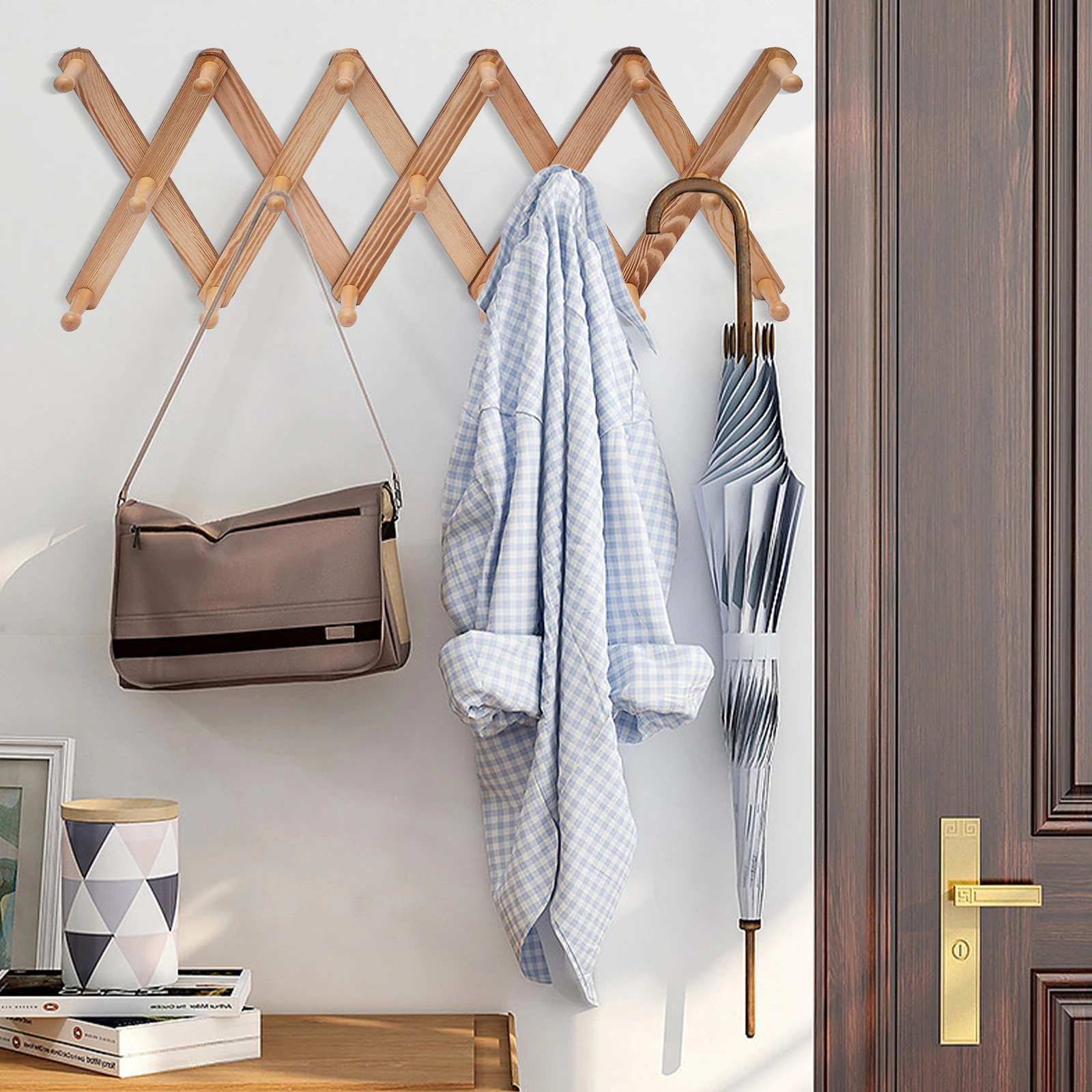 Деревянная расширяемая вешалка для одежды, настенный многоцелевой крючок для шкафа для двери и стены (X-образная форма)