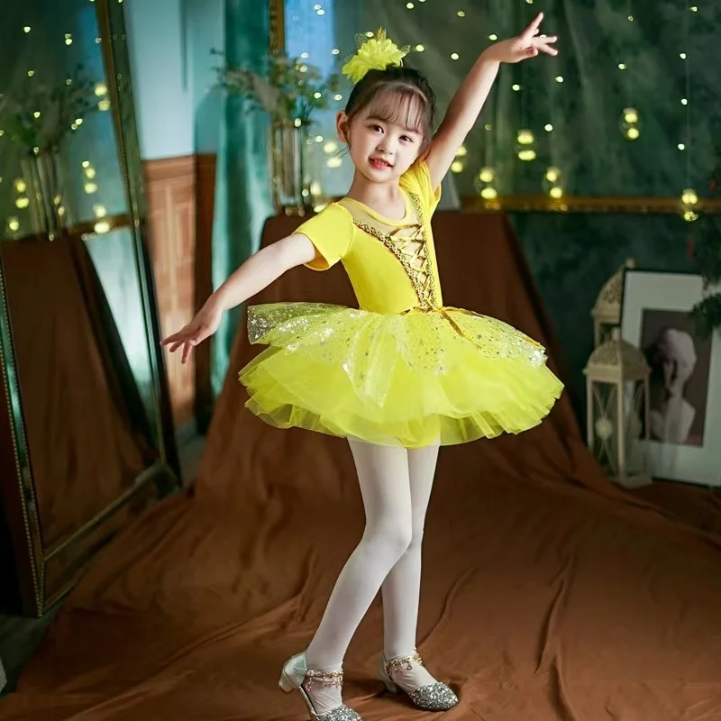 Балетное платье для танцев для девочек, детская одежда для танцев из фатина с короткими рукавами, высококачественное балетное платье, одежда для гимнастических танцев
