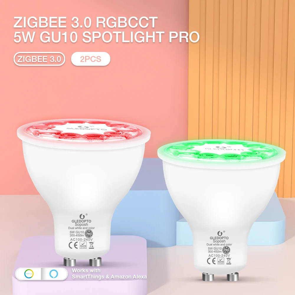 2ШТ Gledopto Zigbee 3.0 Dimmable Smart Pro 5 Вт GU10 светодиодный Прожектор С Углом луча 30 градусов С приложением/Голосовым/Радиочастотным Пультом дистанционного Управления