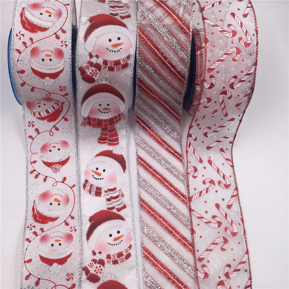 63 Мм X 25 ярдов Рождественский Снеговик Атласная лента с проволочными краями для упаковки подарков Украшение Рождественской Елки Венок Банты