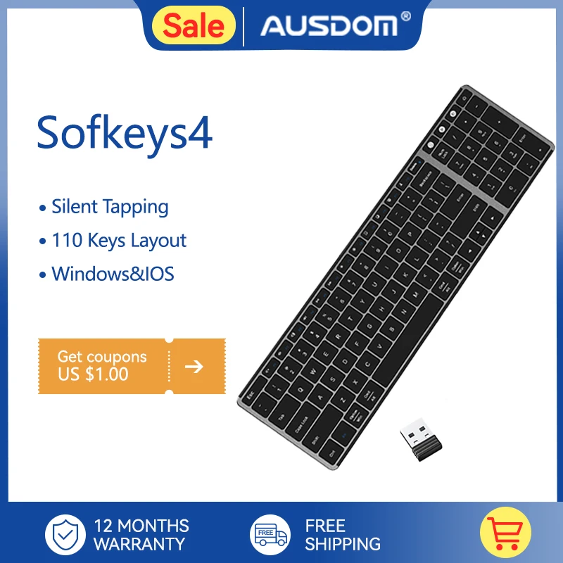 AUSDOM Sofkeys4 Беспроводная Bluetooth Двухрежимная клавиатура с 3 клавишами Офисная домашняя клавиатура Бесшумная 110 клавиш для ПК Компьютера Ipad Телефона