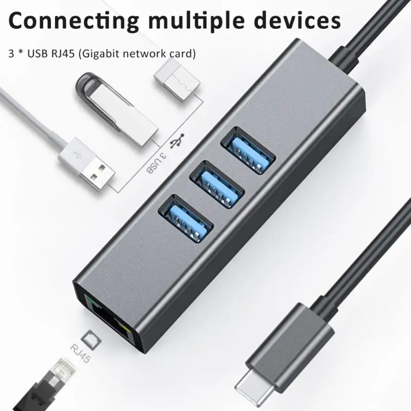 USB 3,0 КОНЦЕНТРАТОР Type C к сетевому адаптеру Ethernet 1000 Мбит/с Rj45 USB-C с 3 Портами USB3.0 Разветвитель для портативного компьютера MacBook Pro