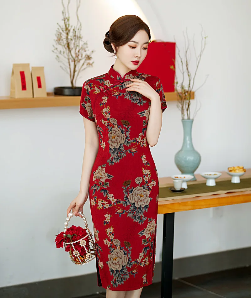 Традиционное китайское женское свадебное платье Ципао длиной до колен с воротником 