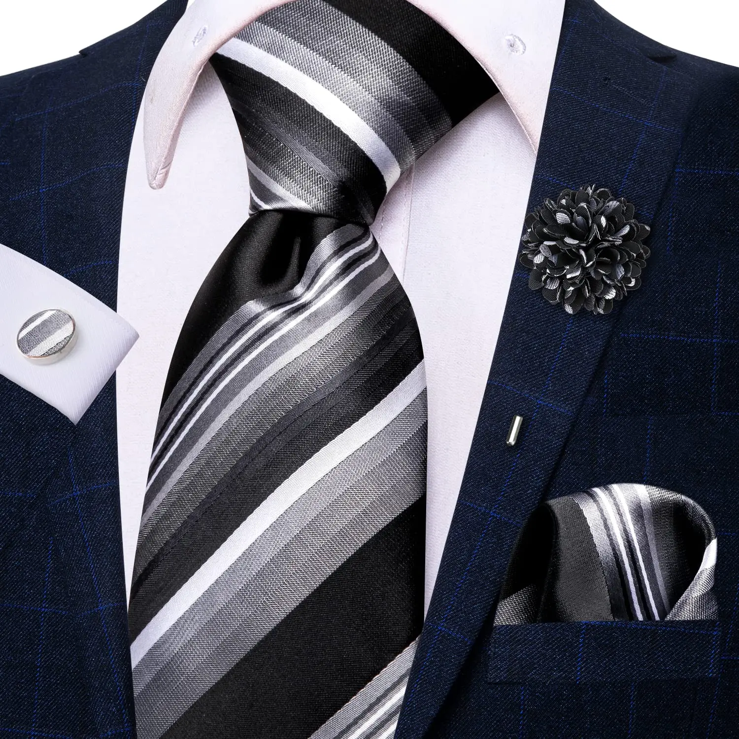 Галстук С брошью, Шелковый Черный, белый полосатый Элегантный галстук Для мужчин, Ручная запонка, Модная Свадебная деловая вечеринка, Дизайнерский галстук Hi-Tie