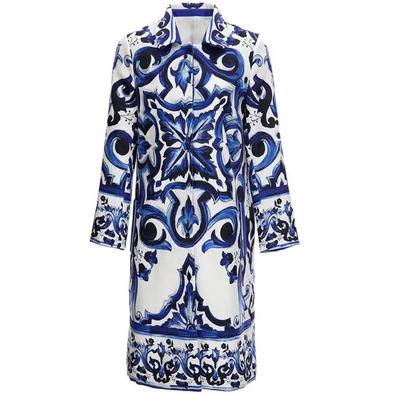 Janeyiren, модное осенне-зимнее длинное пальто для подиума, женское элегантное пальто с длинным рукавом из синего и белого фарфора
