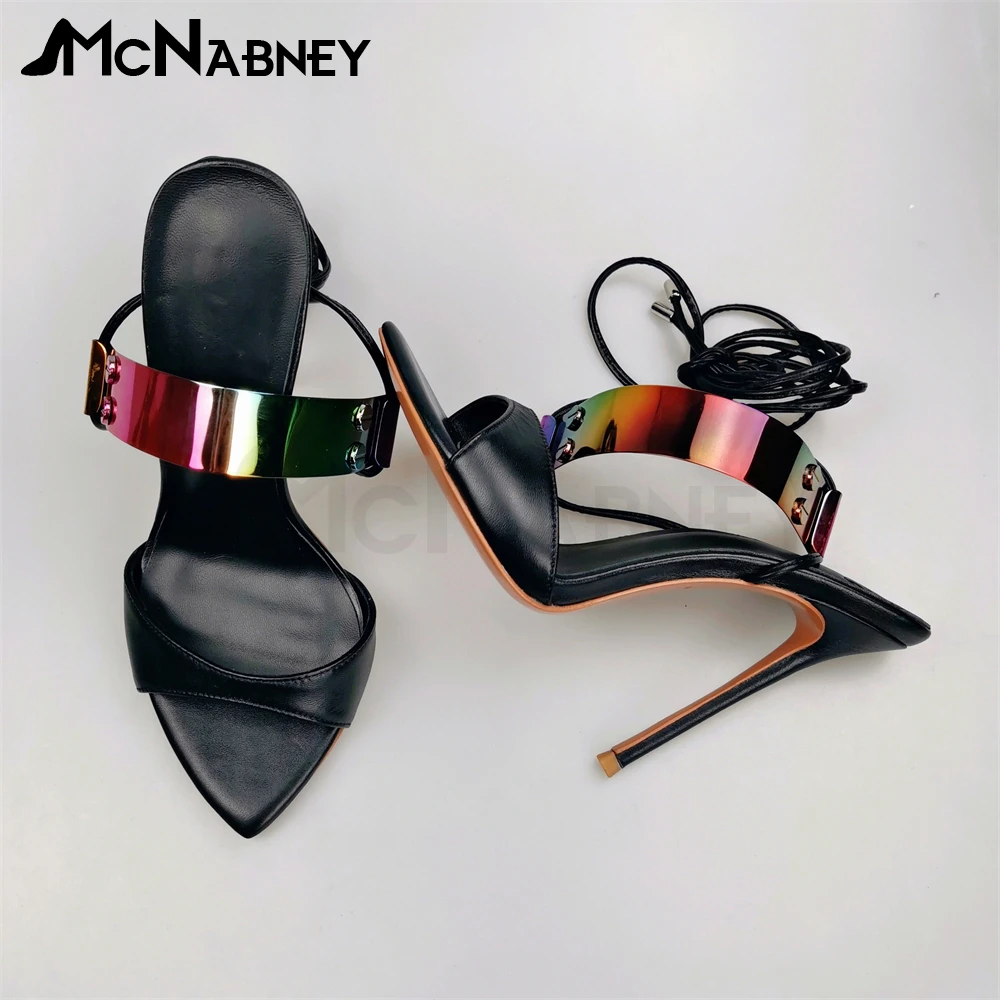 Сандалии с ремешками в стиле панк, летние туфли на шпильке с острым носком, разноцветные пластиковые сандалии с заклепками, уличная женская обувь на высоком каблуке