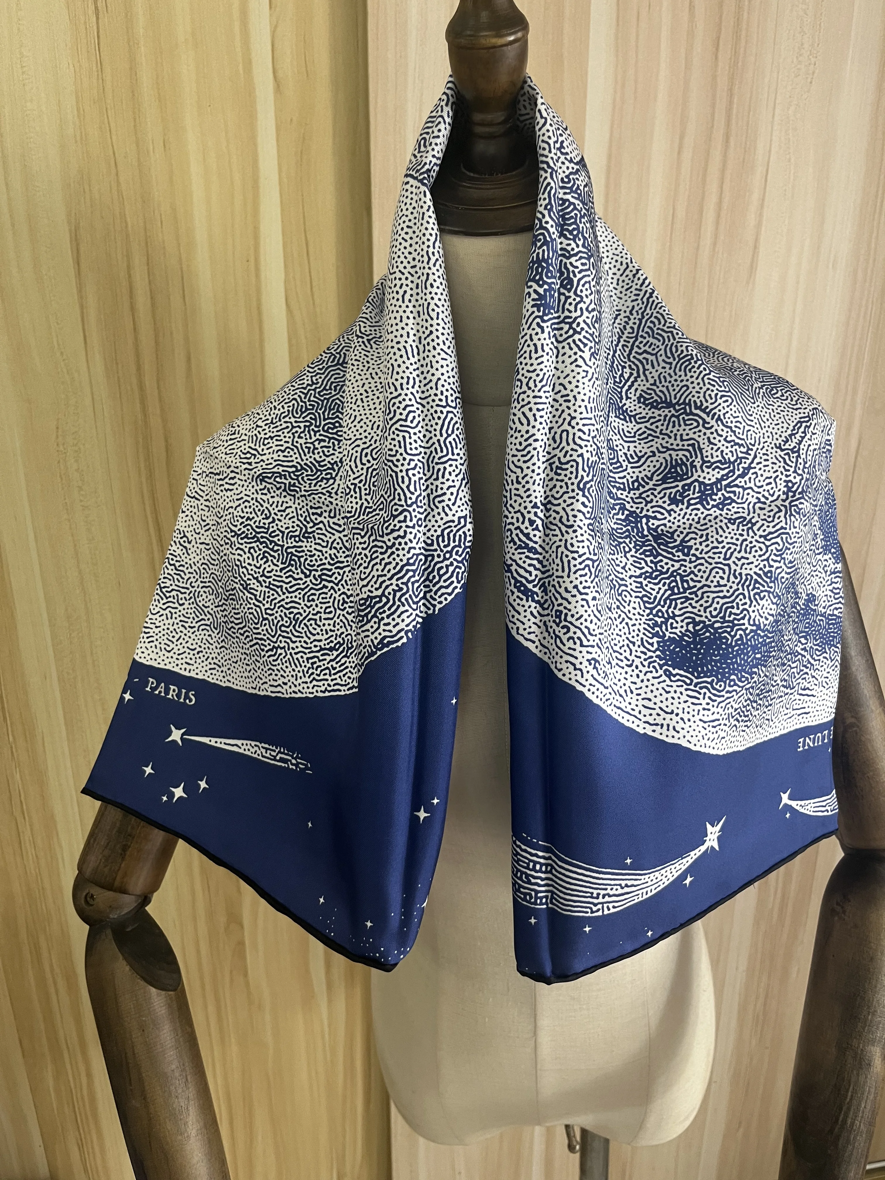 2023 новое поступление, брендовый белый синий лунный 100% шелковый шарф 90*90 см, квадратная шаль, саржевая обертка для женщин, женский хиджаб, бесплатная доставка