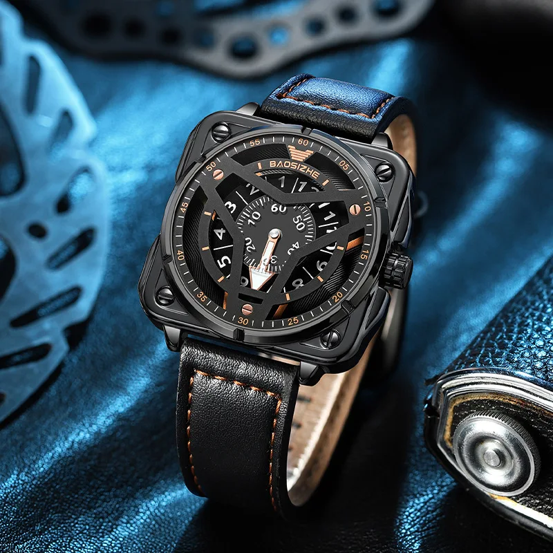 Кварцевые часы Мужские Роскошные Модные Водонепроницаемые светящиеся наручные часы Кожаный ремешок Квадратный дизайн циферблата Мужские часы Тренд