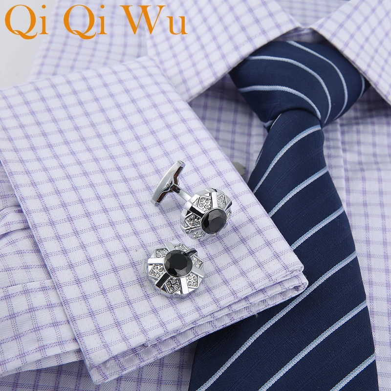 Qi Qi Wu Роскошные запонки из черного хрусталя, новые посеребренные ювелирные изделия, свадебная рубашка, Классические запонки для мужских подарков