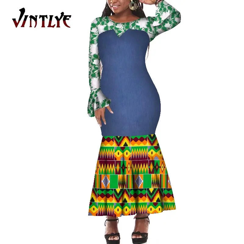 Африканские платья для женщин, платья дашики, женское платье из денима в стиле пэчворк с длинным рукавом, Модная африканская одежда Больших размеров WY6317