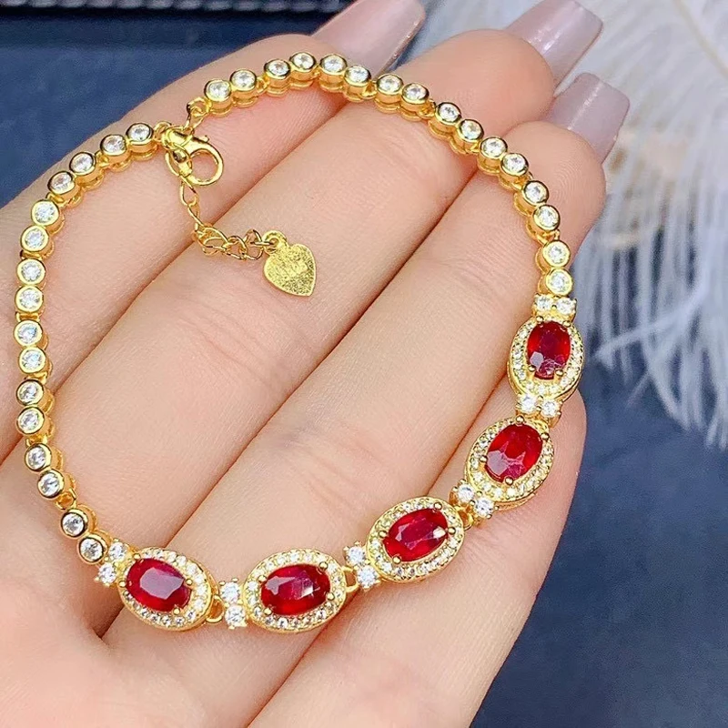 MeiBaPJ Натуральный новый обожженный рубиновый драгоценный камень золотой браслет из стерлингового серебра 925 пробы, браслет с красным камнем для женщин, изысканные свадебные украшения