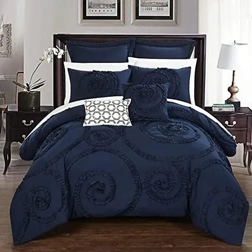 CS2213-Комплект одеял Rosalia с цветочной оборкой и гравировкой, 7 предметов, Королевский, темно-синий