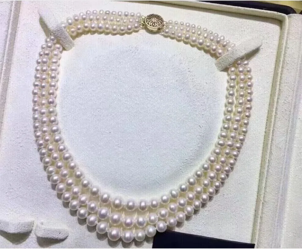 Тройное Круглое ожерелье из Белого жемчуга Южно-Китайского моря 6-7 мм 17 