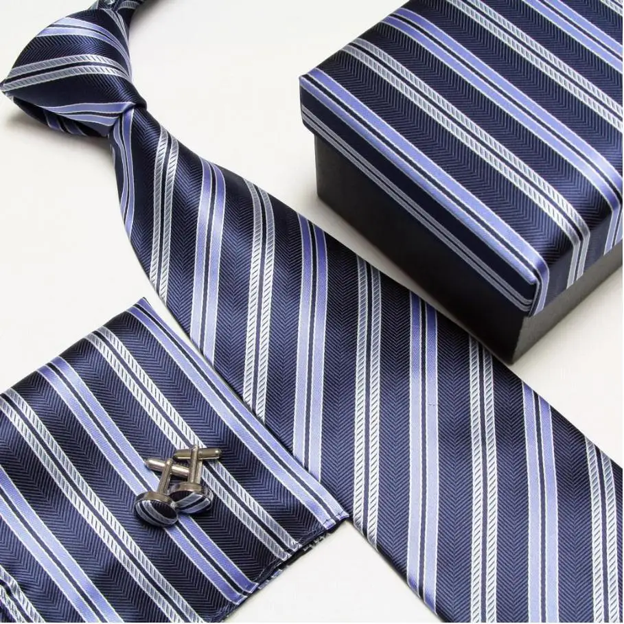 HOOYI 2019, набор полосатых галстуков на шее, галстуки с рисунком, запонки, запонки, носовые платки, подарочная коробка