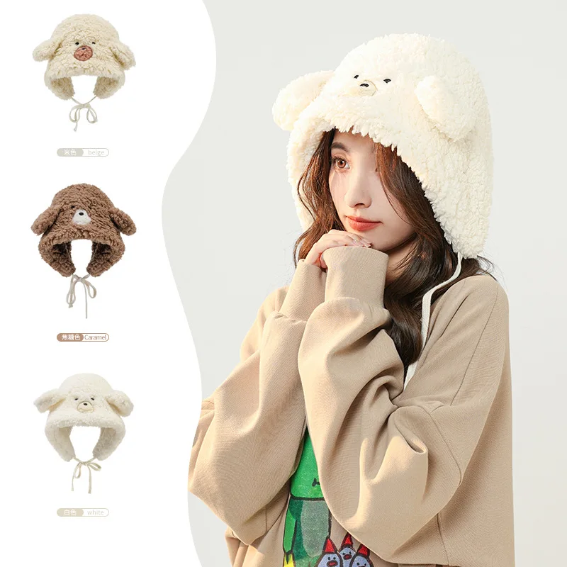 Милые Корейские модные Зимние женские теплые шапочки с Медвежьими ушками, Повседневная Плюшевая шапка-шарф, комплект Повседневных однотонных женских шапочек в подарок