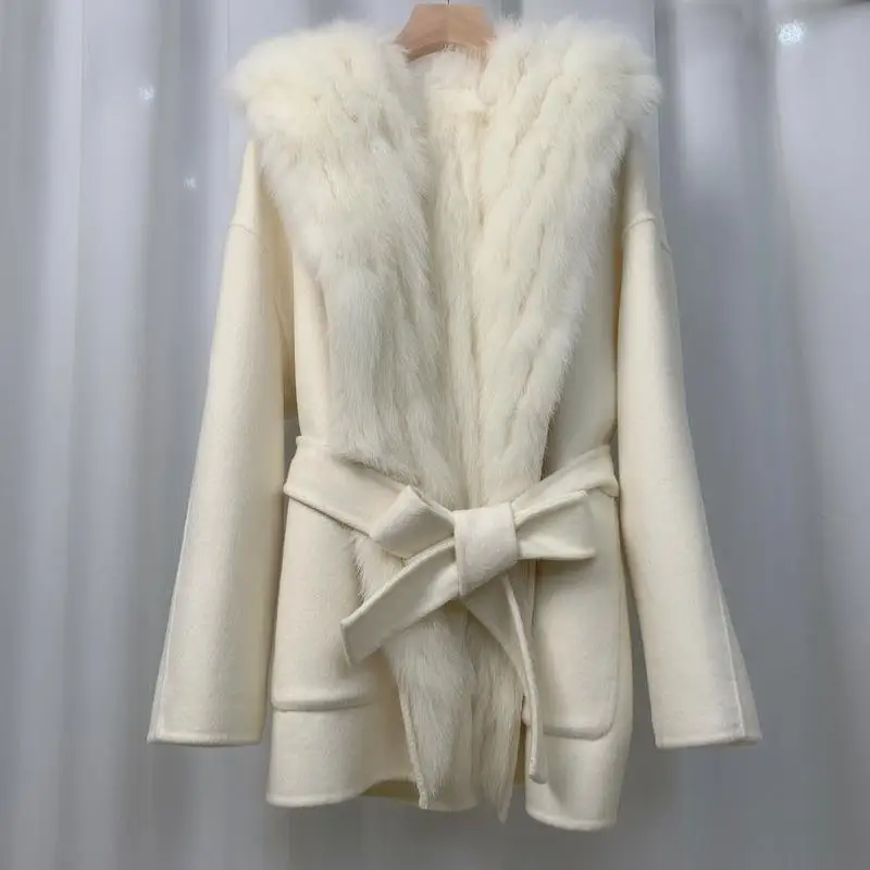 Женские пальто из натуральной шерсти С подкладкой из высококачественного натурального лисьего меха, теплая двусторонняя меховая куртка D034.