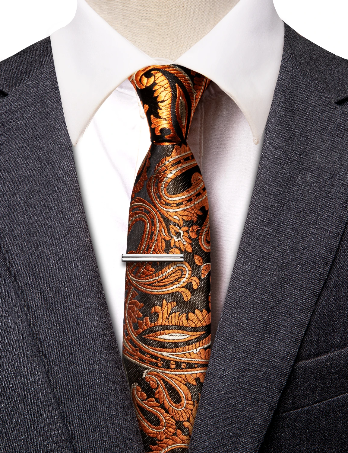 Модный оранжевый Черный узкий галстук с узором Пейсли для мужского платья, аксессуары для рубашки, роскошный мужской галстук и набор зажимов для свадебного бизнеса