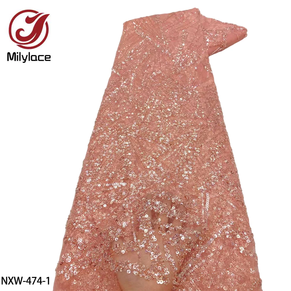 Африканская Кружевная ткань 2022, Высококачественная Тяжелая Кружевная ткань с кристаллами и бисером, Вышивка Пайетками для Свадебных платьев NXW-474