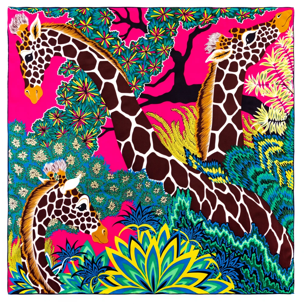 35,5 (Дюймов) Брендовый шарф с изображением жирафа в джунглях, Женская Бандана Ручной работы, Квадратный шарф из скрученного саржевого Шелка, Роскошные платки, Шаль