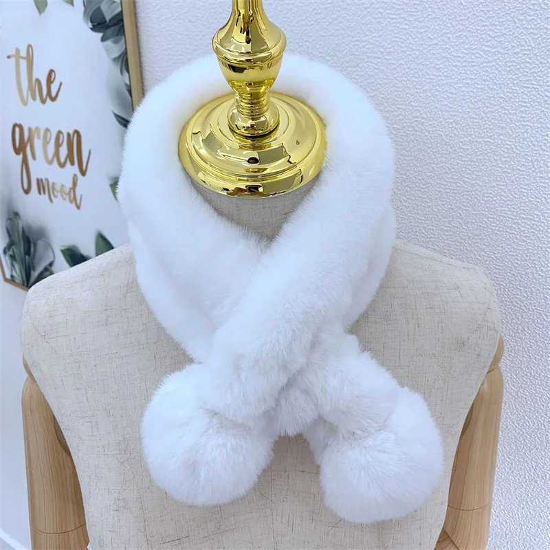 Новый шарф из искусственного меха кролика, осень-зима, плюшевый, утолщенный, теплый, однотонный, Меховой шар, Крест, Студенческий детский шарф высокого качества